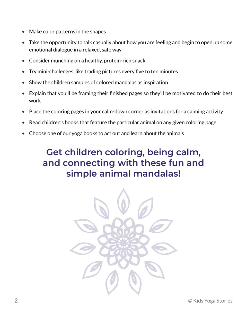 Continued animal coloring guide with tips on color patterns, talking about feelings, and calm-down corners