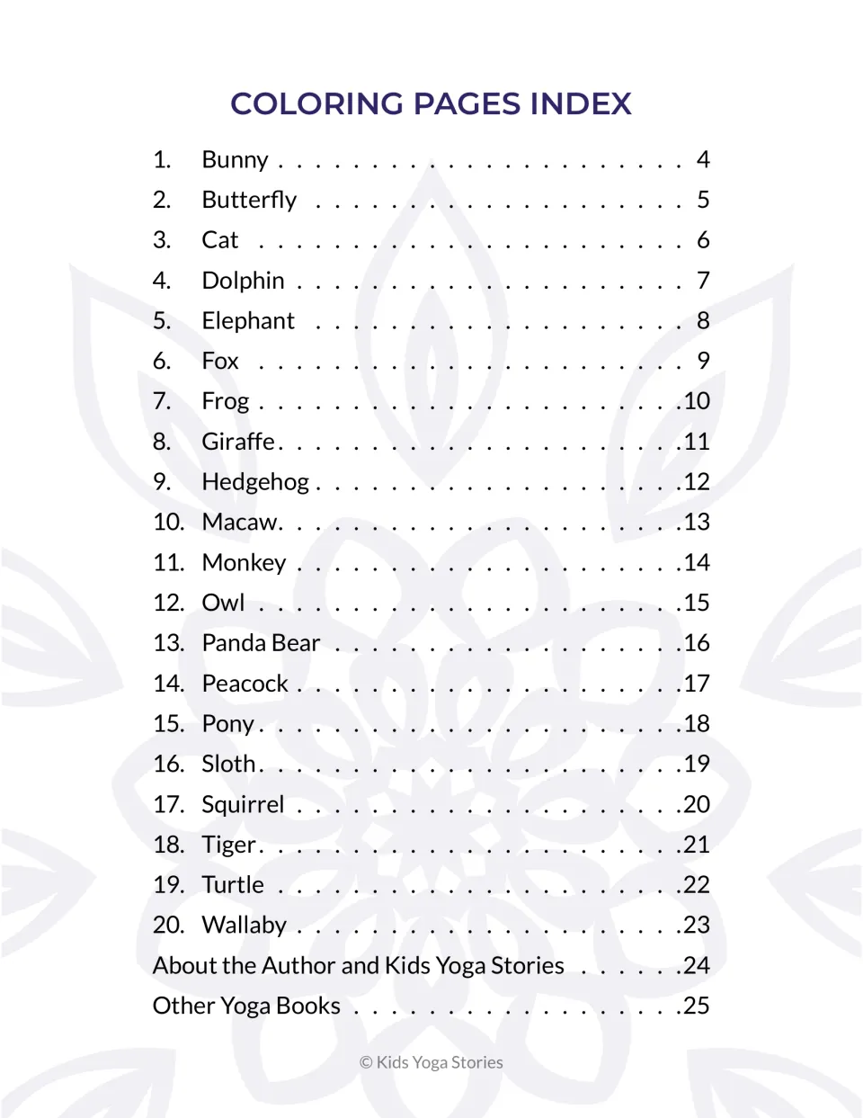 Animal coloring index listing all 20 designs from bunny to wallaby, with page numbers for each animal