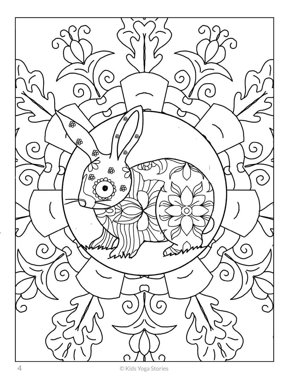 Bunny coloring design, first in the 20-animal set, featuring a patterned rabbit surrounded by carrots