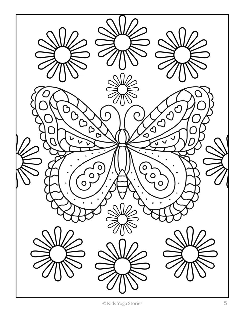 Butterfly coloring design, second in the 20-animal set, with patterned wings and surrounding flowers