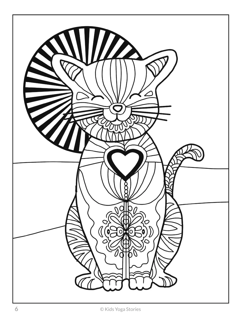 Cat coloring design, third in the 20-animal set, featuring a seated cat with a heart and patterned body