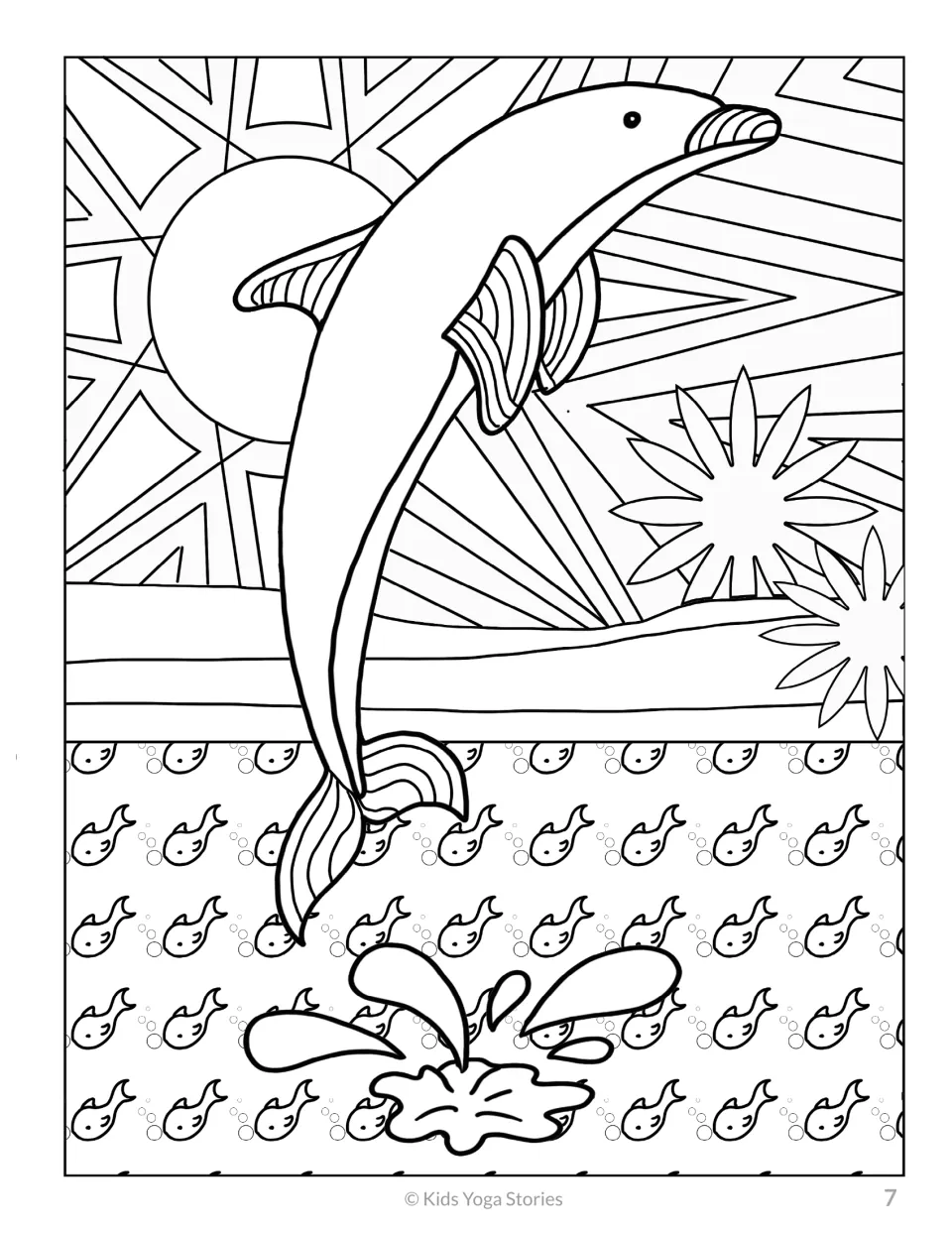 Dolphin coloring design, fourth in the 20-animal set, showing a leaping dolphin above fish and a splash