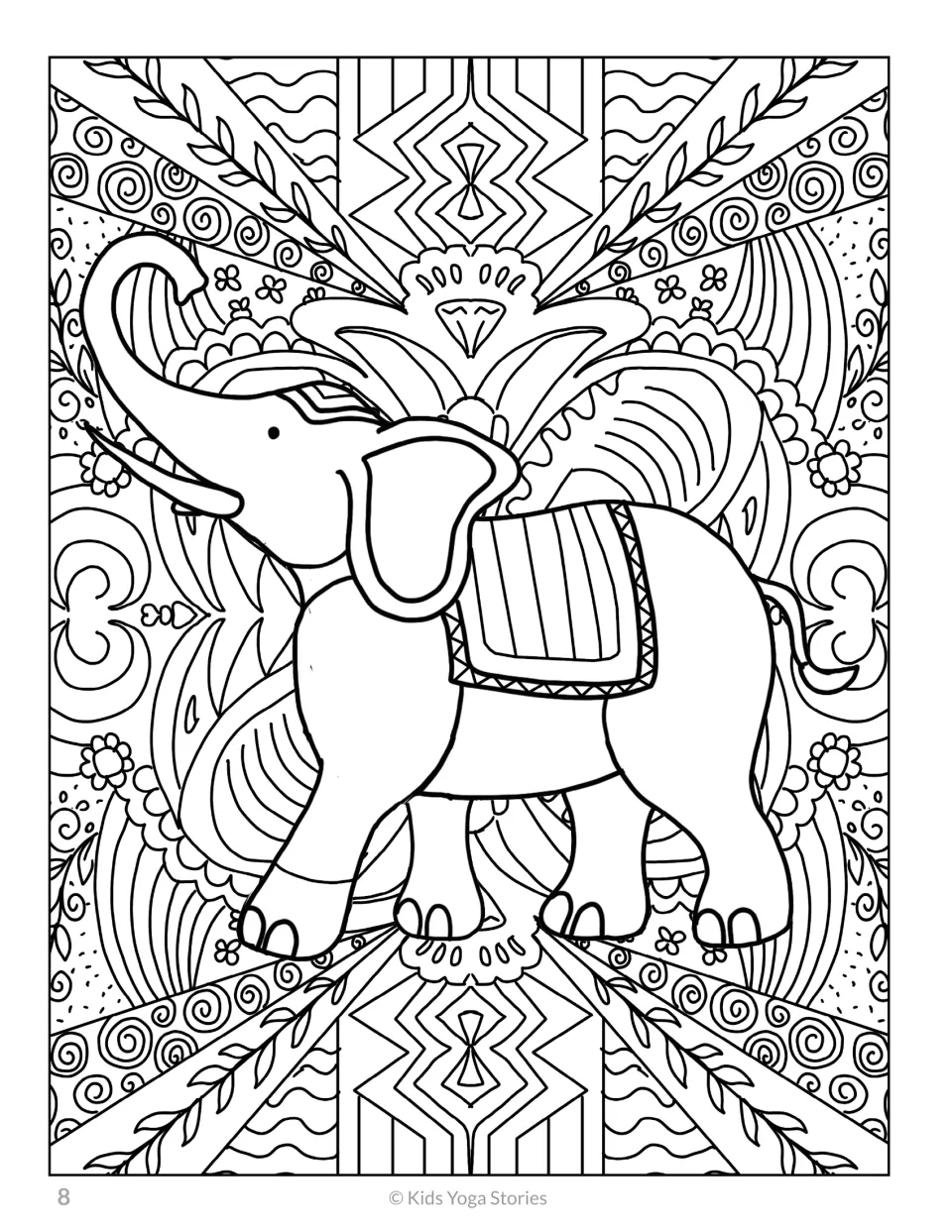 Elephant coloring design, fifth in the 20-animal set, with a raised trunk and surrounding floral patterns