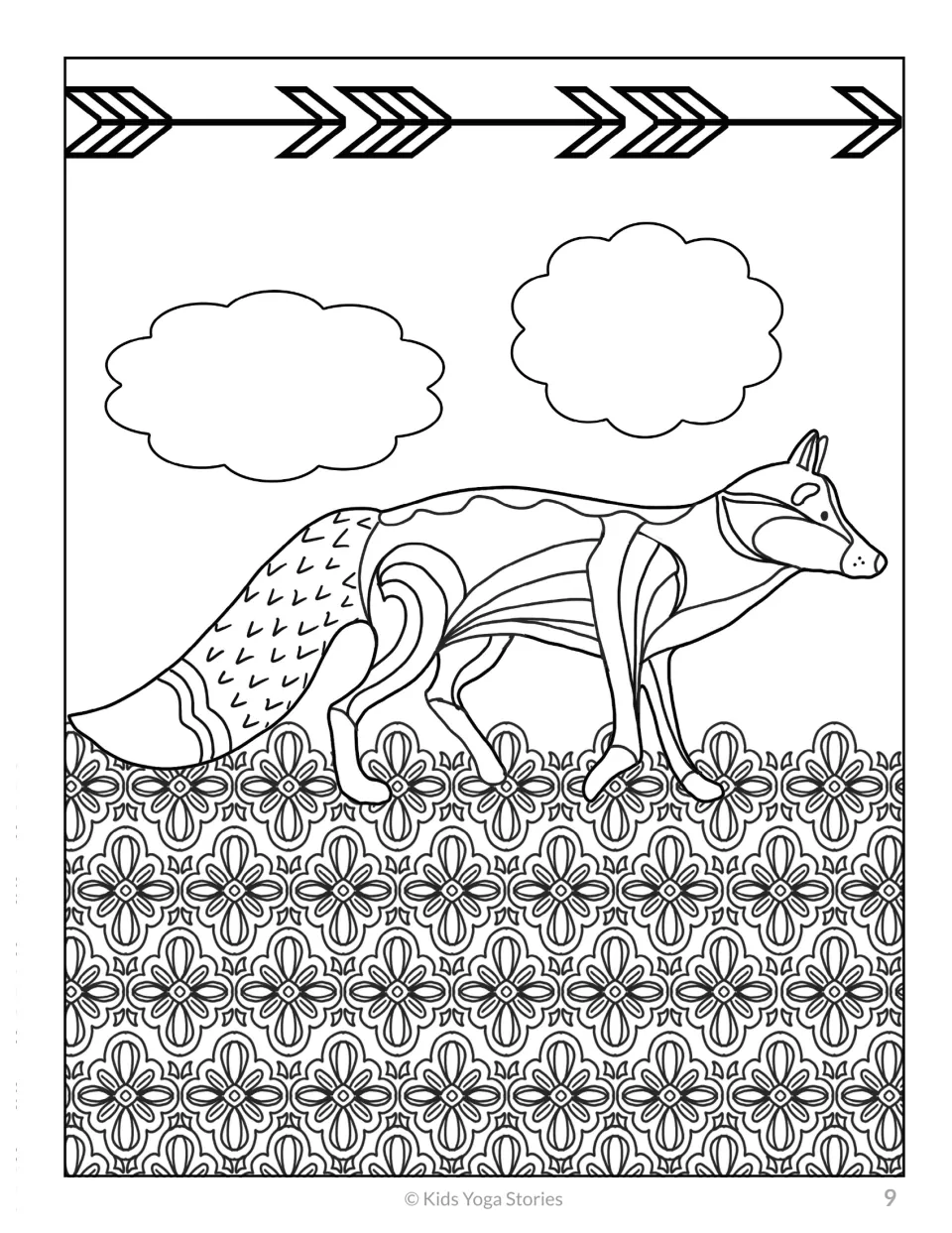Fox coloring design, sixth in the 20-animal set, showing a patterned fox above repeating flower shapes