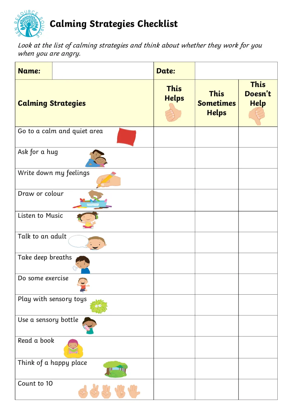 Calming strategies for anger: students rate 13 ideas, like deep breaths or a hug, as helps, sometimes helps or doesn't help