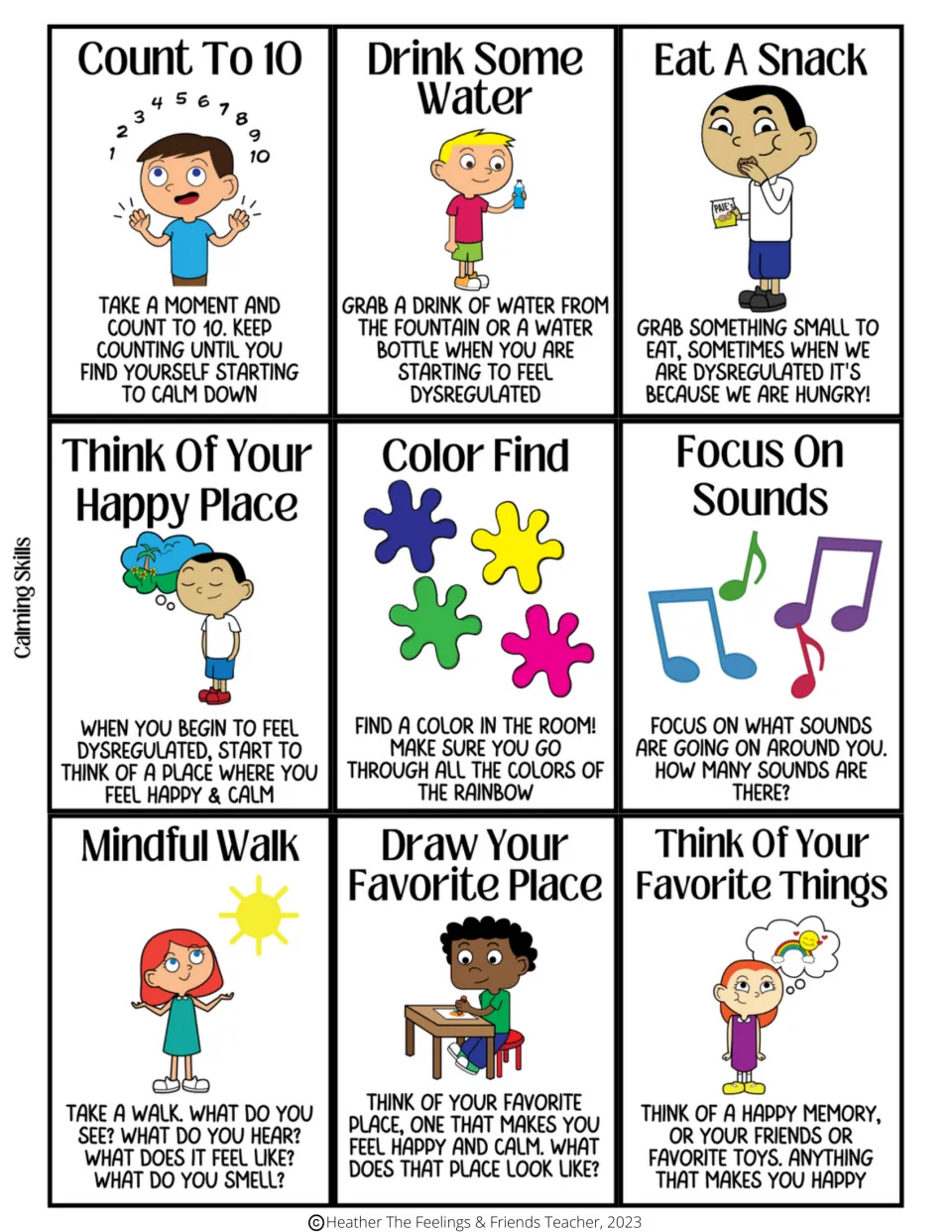 Nine calming skills cards: count to 10, drink water, eat a snack, find colors, and five more strategies.