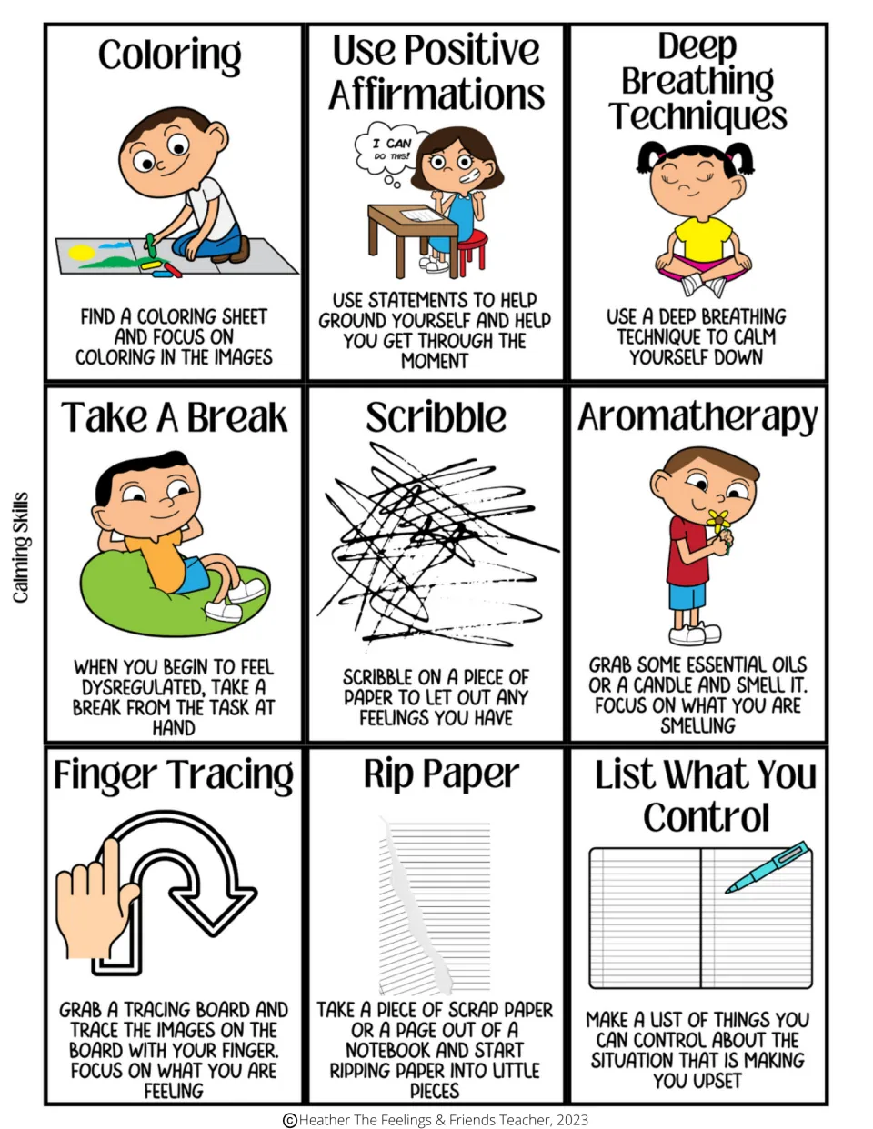 Nine calming skills cards: coloring, positive affirmations, deep breathing, taking a break, and five more.