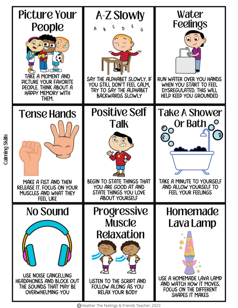 Nine calming skills cards: picture your people, say A–Z slowly, tense hands, and six more strategies.
