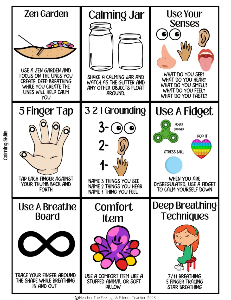 Nine calming skills cards: a Zen garden, calming jar, five-finger tap, 3-2-1 grounding, and five more.