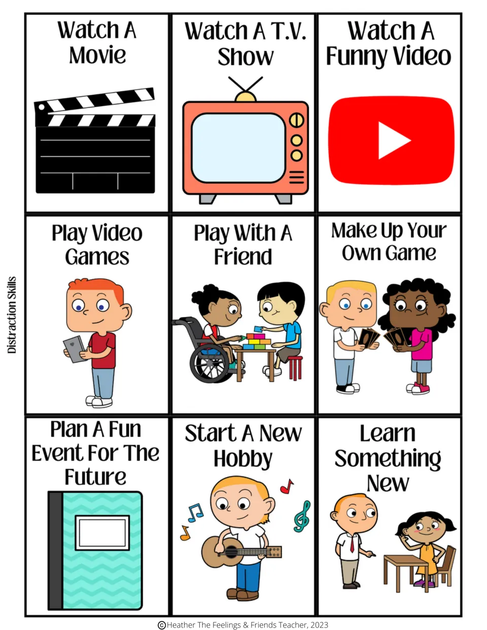 Nine distraction skills cards: watch a movie, play with a friend, start a new hobby, and six more.