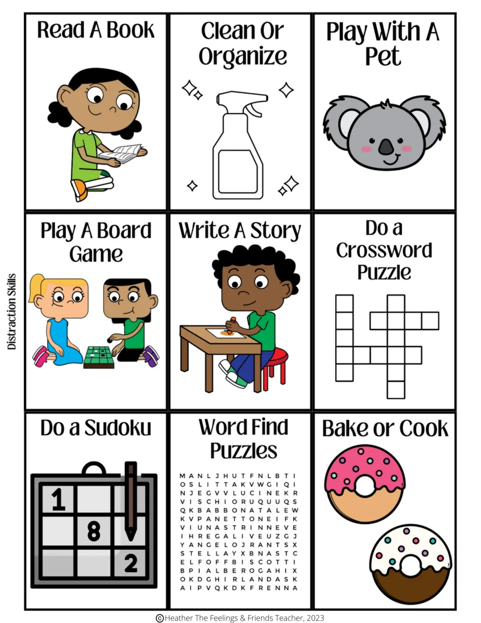 Nine distraction skills cards: read a book, clean or organize, write a story, bake or cook, and five more.