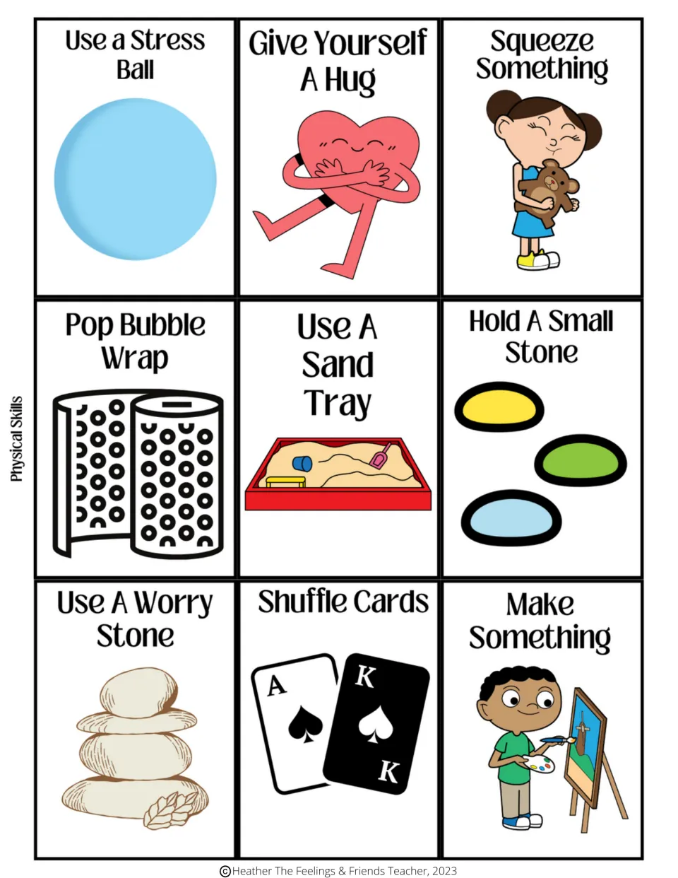 Nine physical skills cards: use a stress ball, give yourself a hug, pop bubble wrap, and six more.