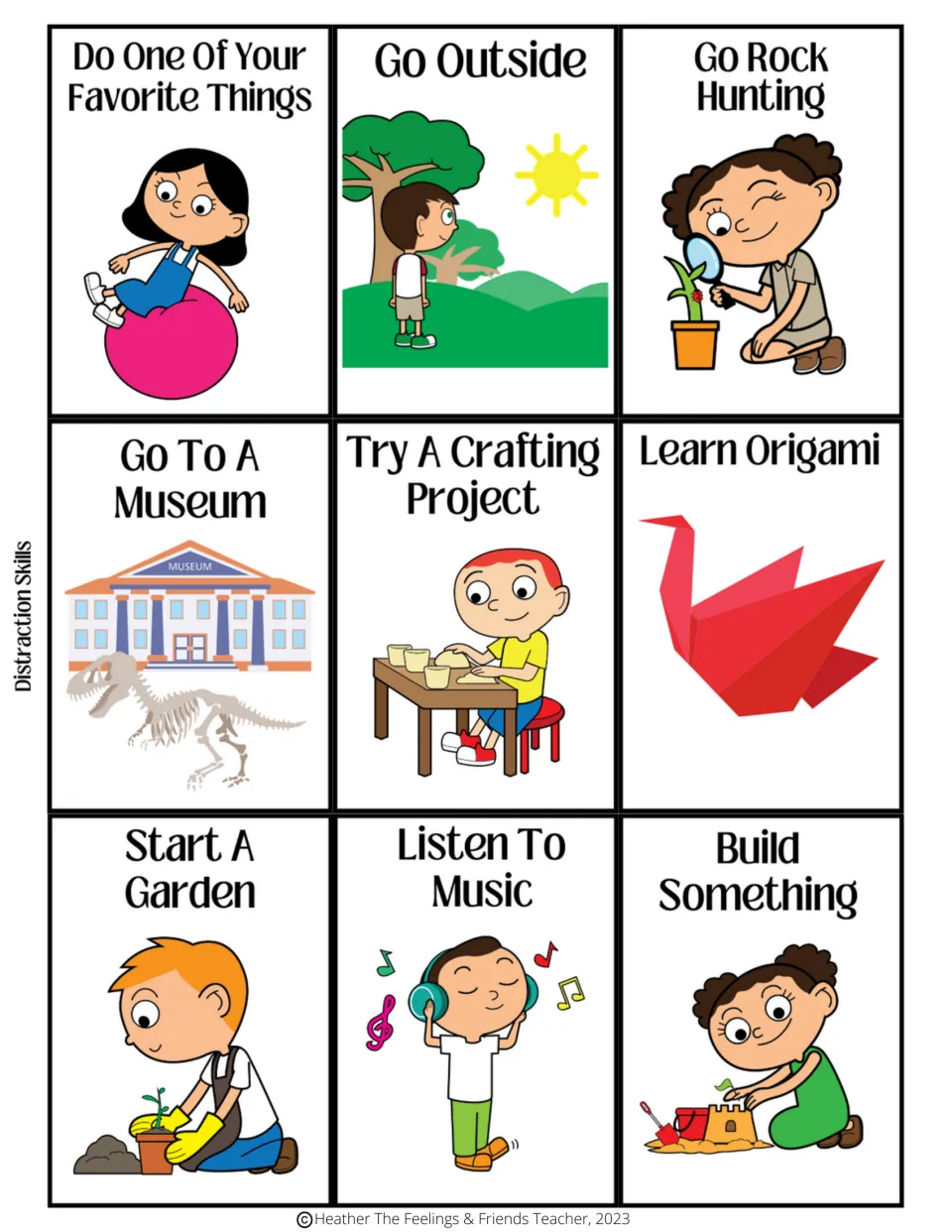 Nine distraction skills cards: go outside, go rock hunting, learn origami, start a garden, and five more.