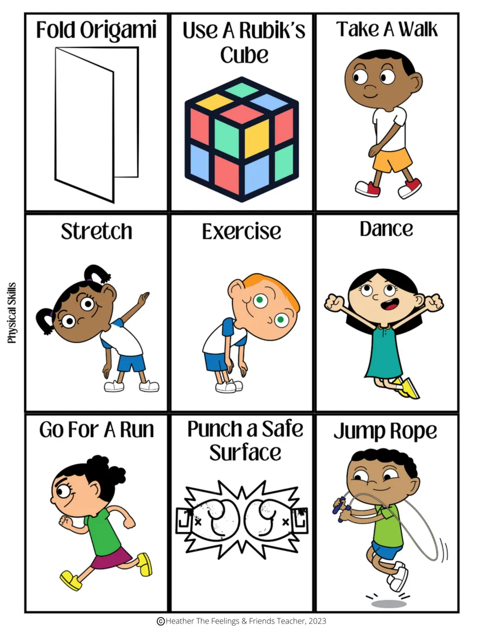 Nine physical skills cards: fold origami, use a Rubik’s cube, take a walk, stretch, and five more.