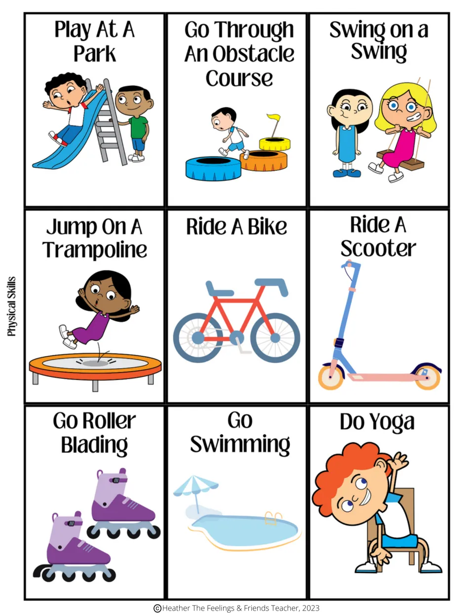 Nine physical skills cards: play at a park, ride a bike, ride a scooter, go swimming, and five more.