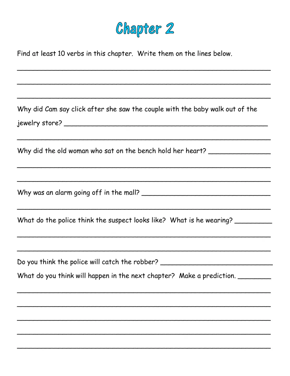 Chapter 2 verbs and questions: students list 10 verbs, explain why Cam said click and the mall alarm, then predict