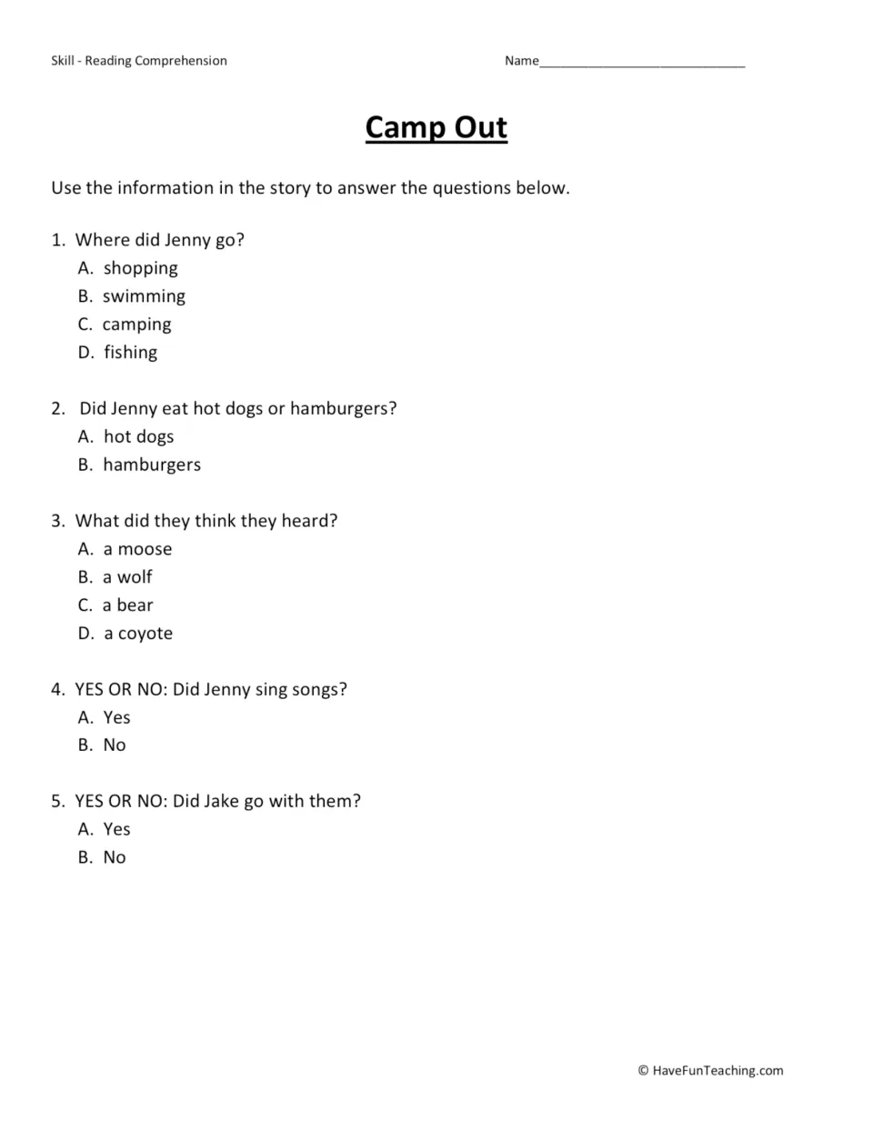 Five comprehension questions about Jenny's camping trip, hot dogs, a bear, singing songs, and her dog Jake.