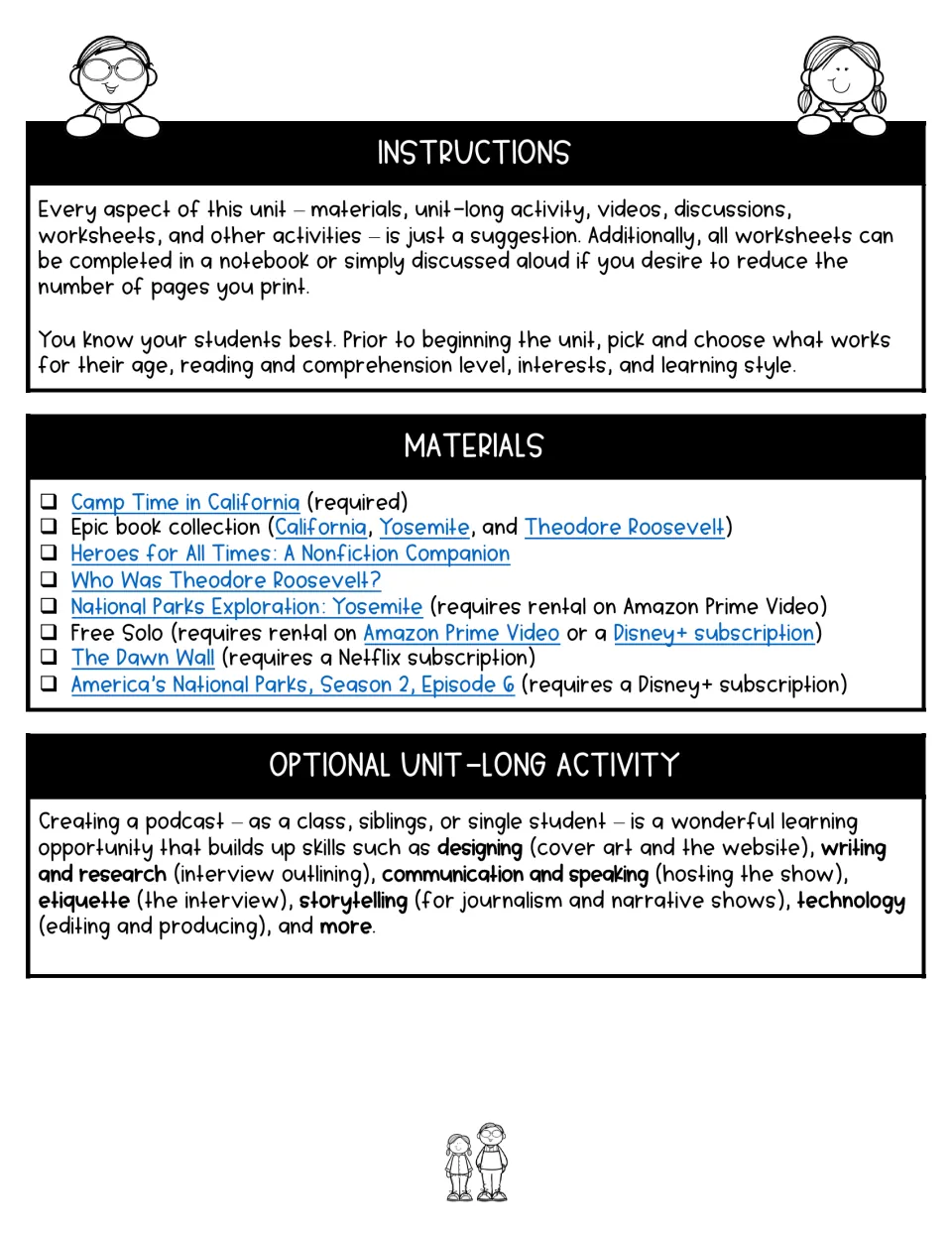Unit instructions explain flexible worksheet use, list required and optional materials, and suggest a podcast