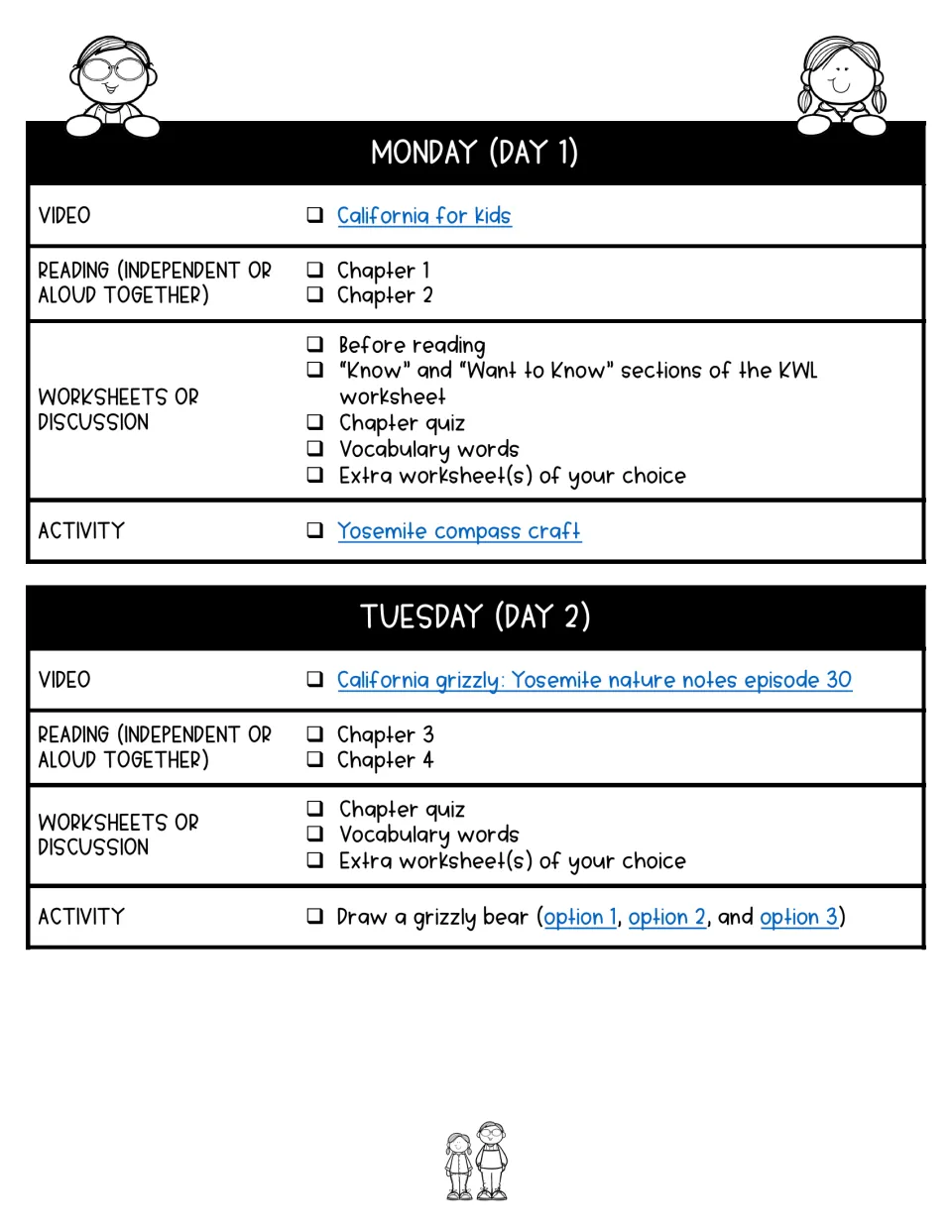 Days 1–2 lesson plans cover chapters 1–4, California videos, a Yosemite compass craft, and grizzly drawing