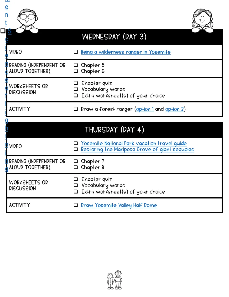 Days 3–4 lesson plans cover chapters 5–8, Yosemite videos, and drawing a forest ranger and Half Dome