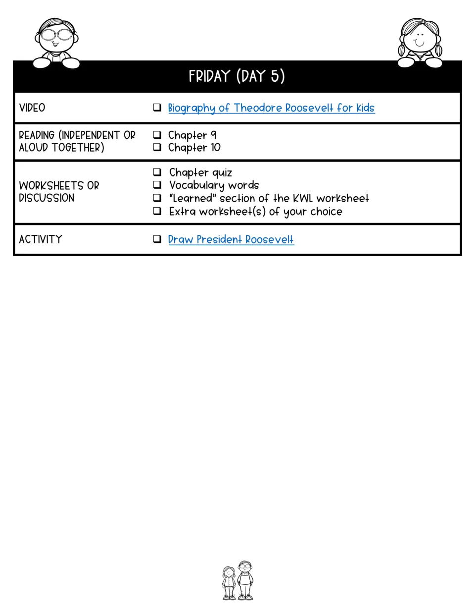 Day 5 lesson plan covers chapters 9–10, a Theodore Roosevelt video and drawing, and the final KWL section