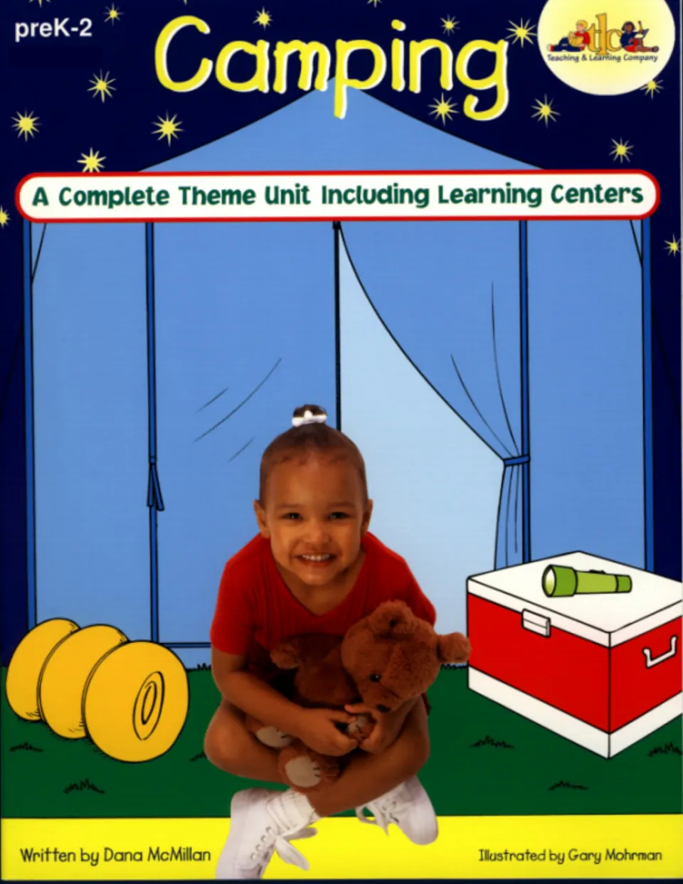 Camping unit cover for preK-2: a child hugs a teddy bear by a blue tent with sleeping bags, a cooler and a flashlight