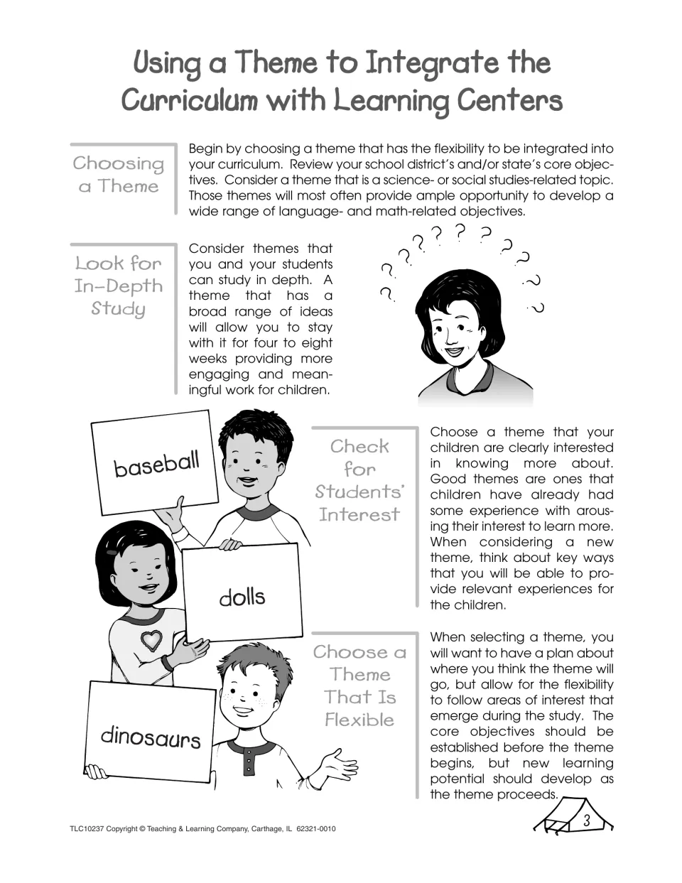 Guide to choosing a theme: look for in-depth study, check students' interest and stay flexible; kids hold topic signs