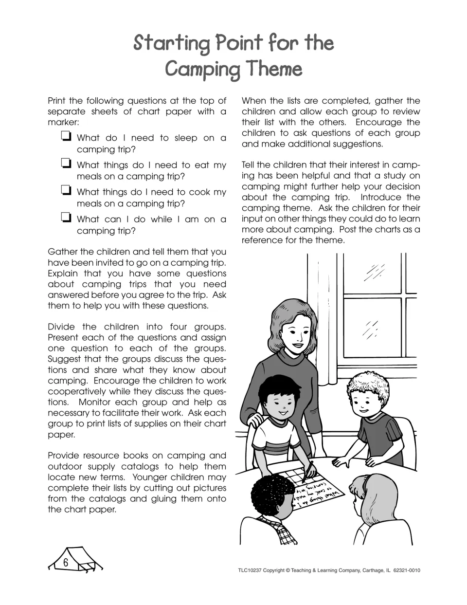 Camping starting point: four groups list on chart paper what they need to sleep, eat, cook and do on a camping trip