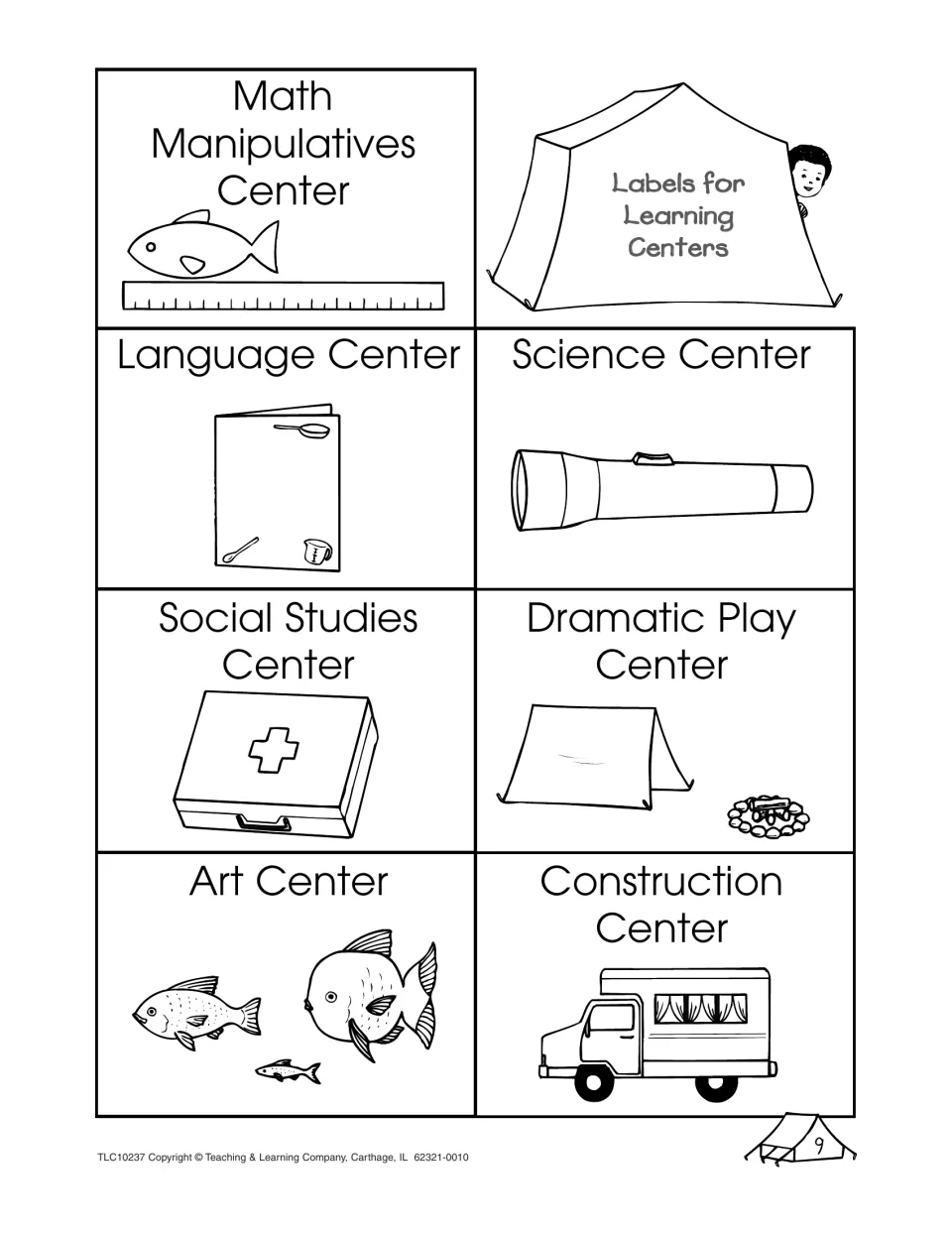 Labels for learning centers: camping signs for math, language, science, social studies, dramatic play, art and construction