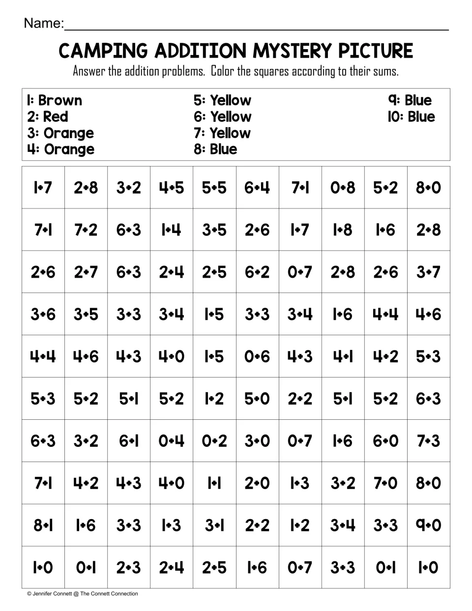 Camping color-by-sum: students solve 100 addition facts with sums to 10 and color each square using a 1-10 color key