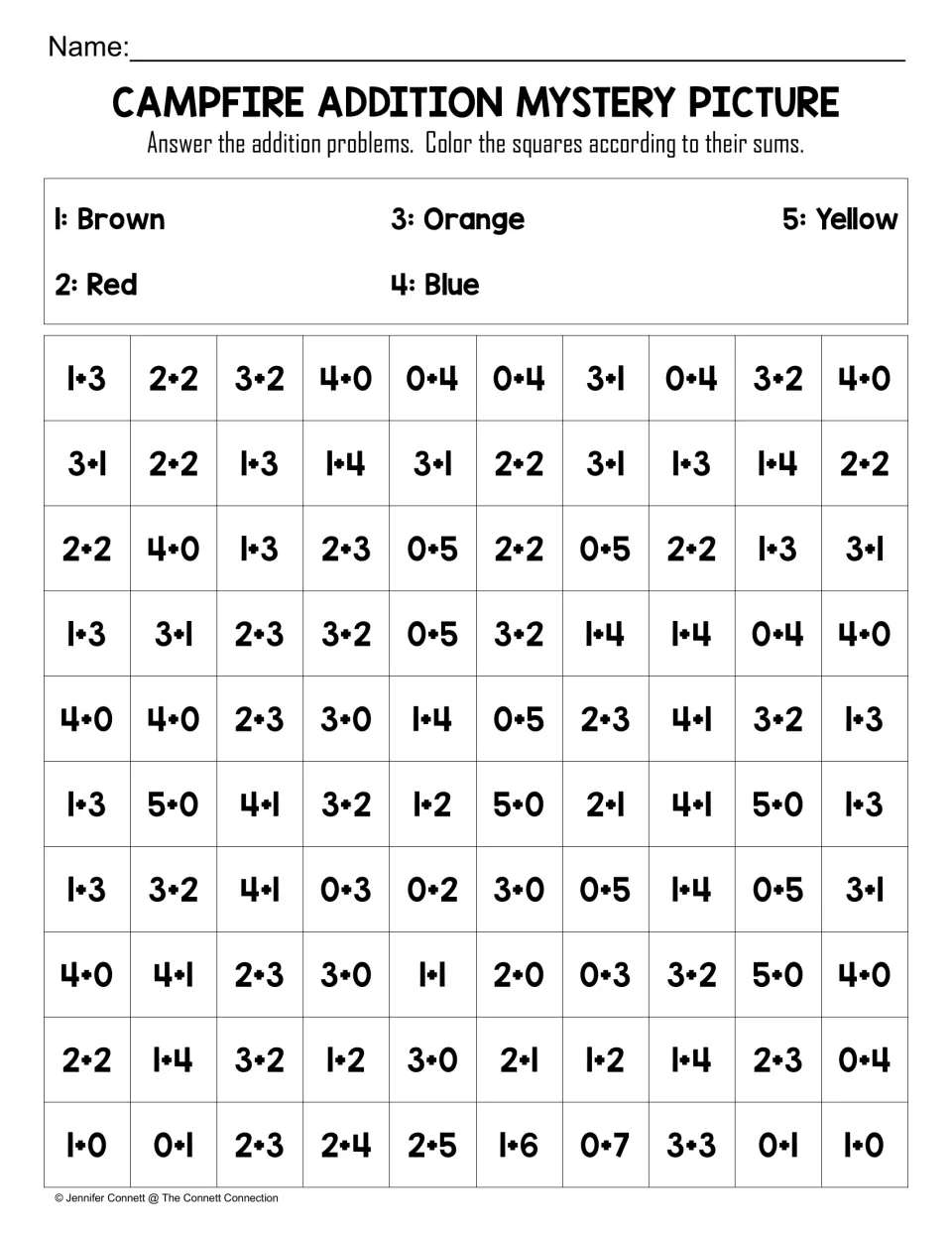 Campfire addition mystery picture: students solve sums to 5 and color each square by a five-color key