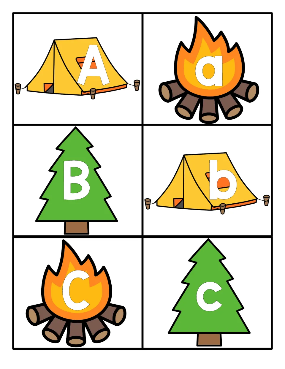 Camping alphabet cards A, a, B, b, C, and c on tents, campfires, and trees for letter recognition practice.