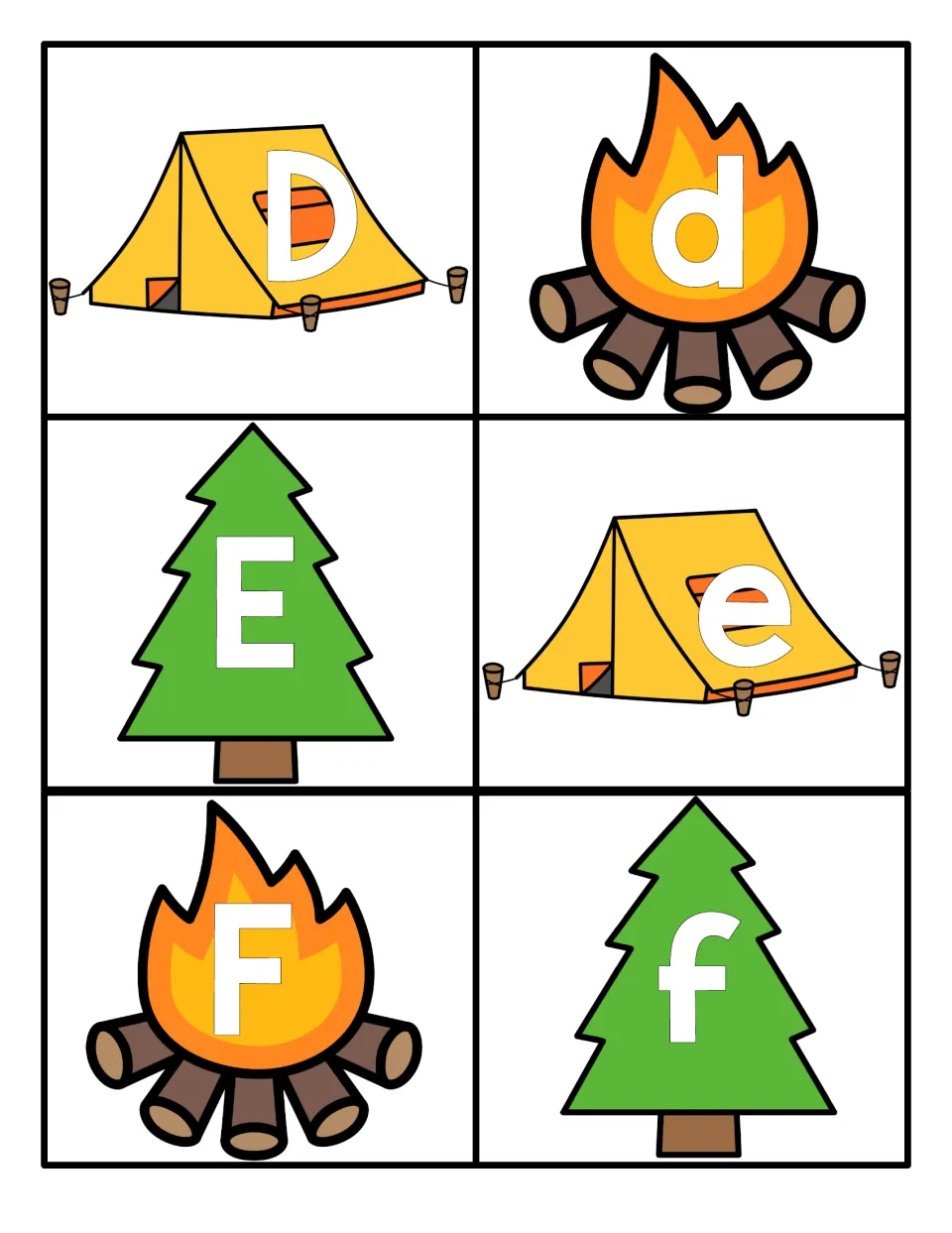 Letters D to F: students match uppercase D, E, F to lowercase d, e, f on tent, campfire and pine tree cards
