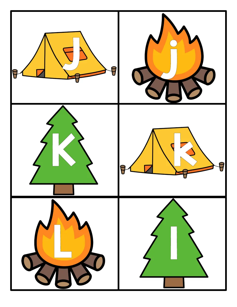 Letters J to L: uppercase J, K, L and lowercase j, k, l on tent, campfire and tree cards for pairing letter cases