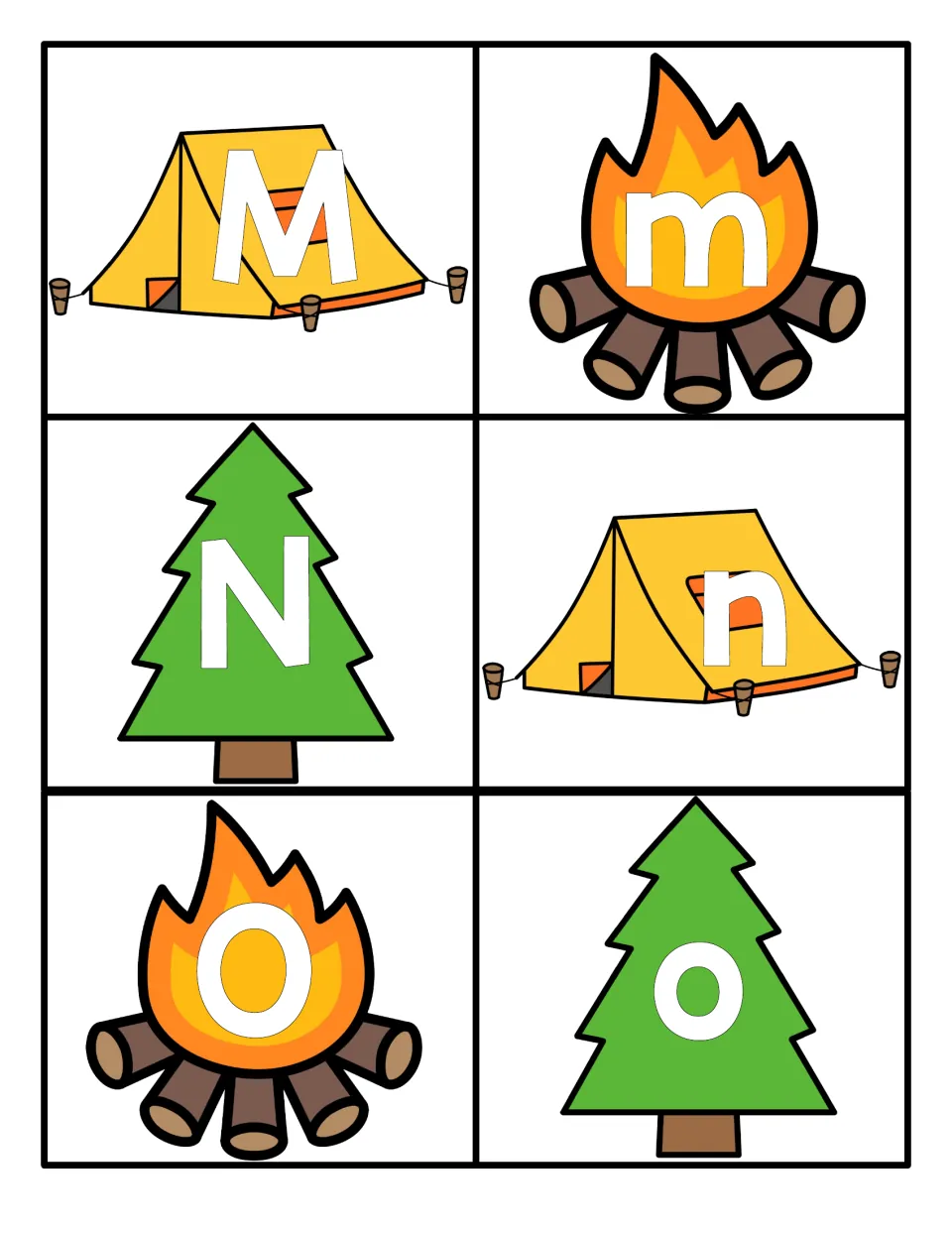 Letters M to O: students pair capital M, N, O with lowercase m, n, o shown on tents, campfires and pine trees