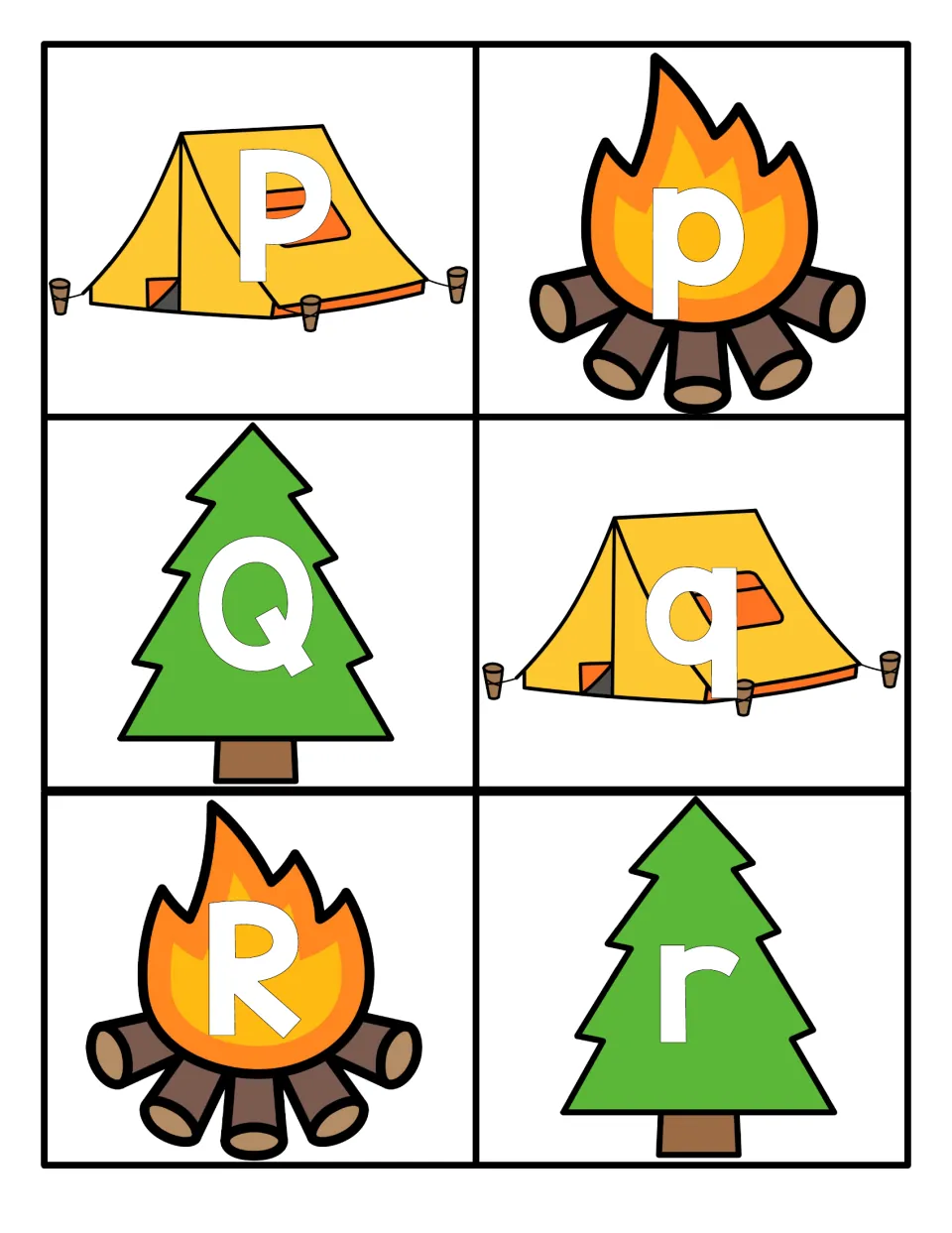 Letters P to R: capital P, Q, R and lowercase p, q, r on tent, campfire and pine tree cards to match each pair