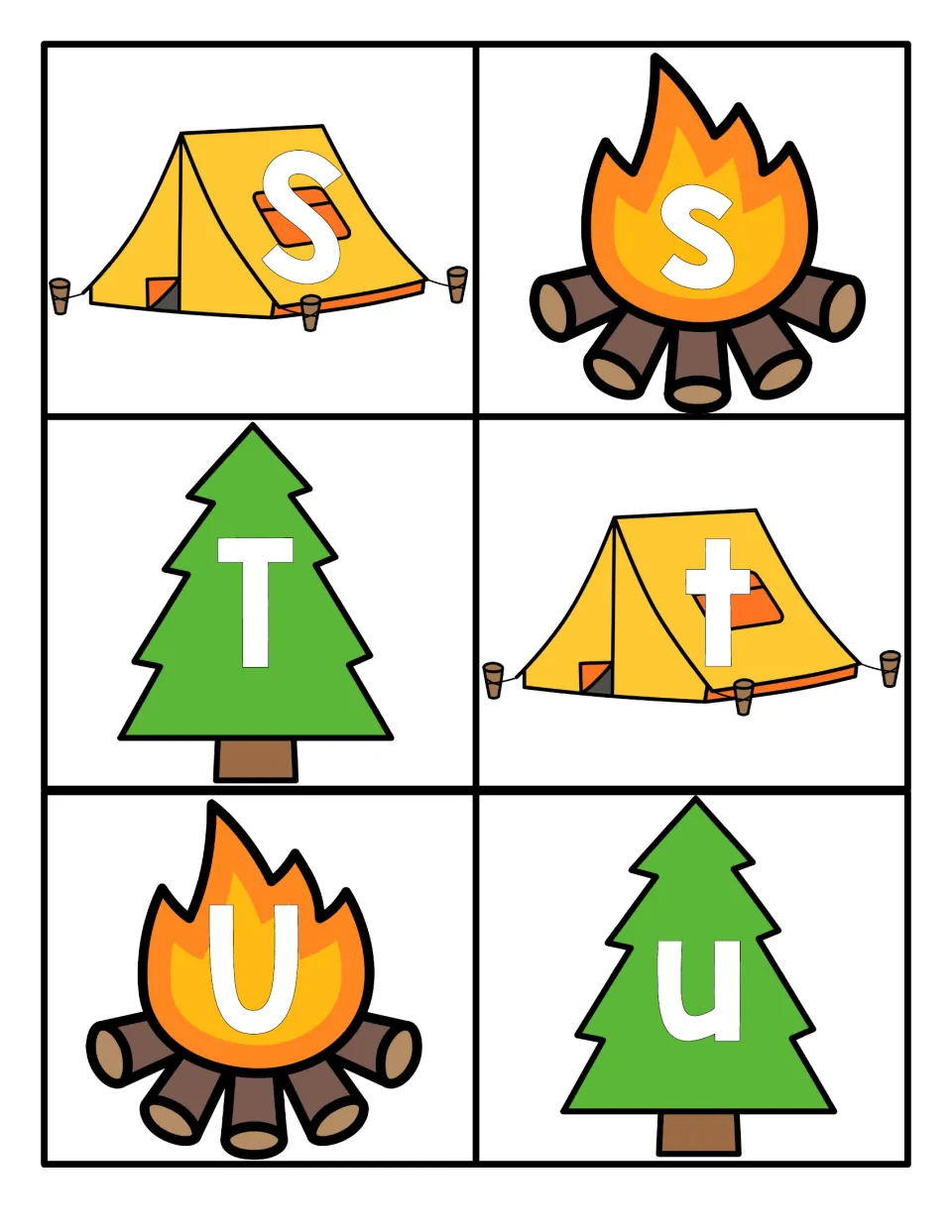 Letters S to U: students match uppercase S, T, U with lowercase s, t, u printed on campsite picture cards
