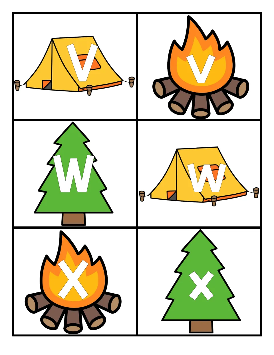 Letters V to X: uppercase and lowercase V, W and X on tent, campfire and pine tree cards for letter case matching