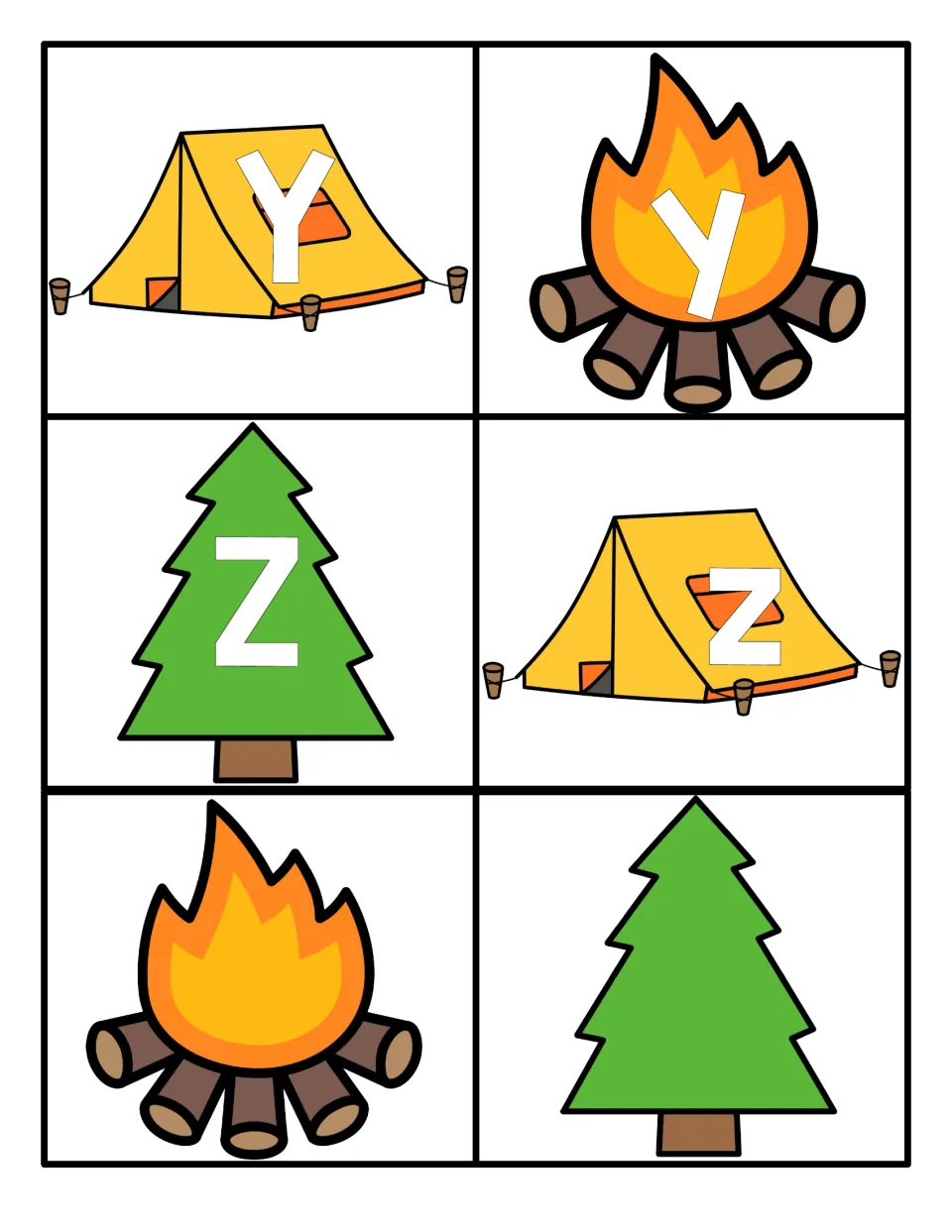 Letters Y and Z: uppercase and lowercase cards on tents, a campfire and a tree, plus a blank campfire and tree card