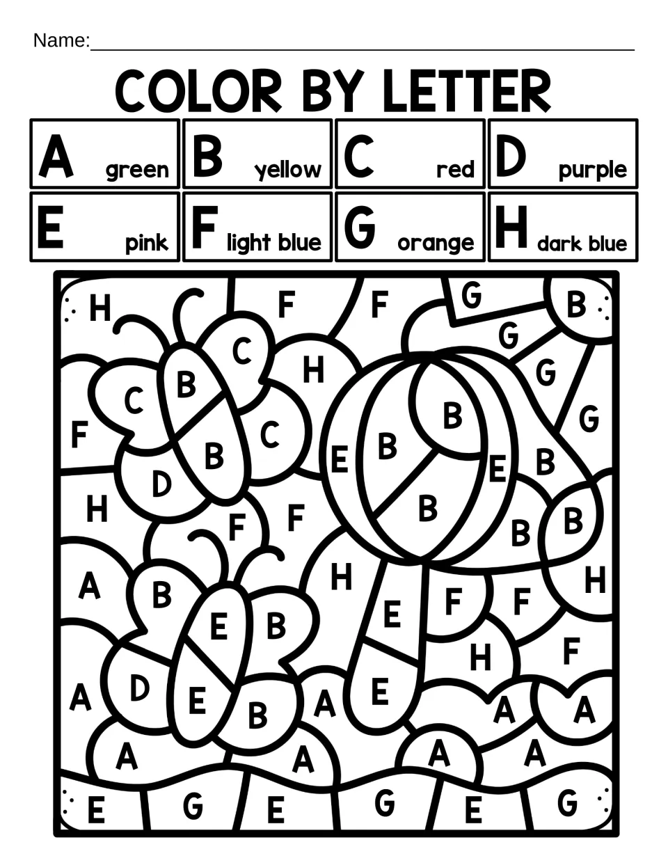Color by letter A to H: students match capital letters to a color key to reveal two butterflies and a striped ball