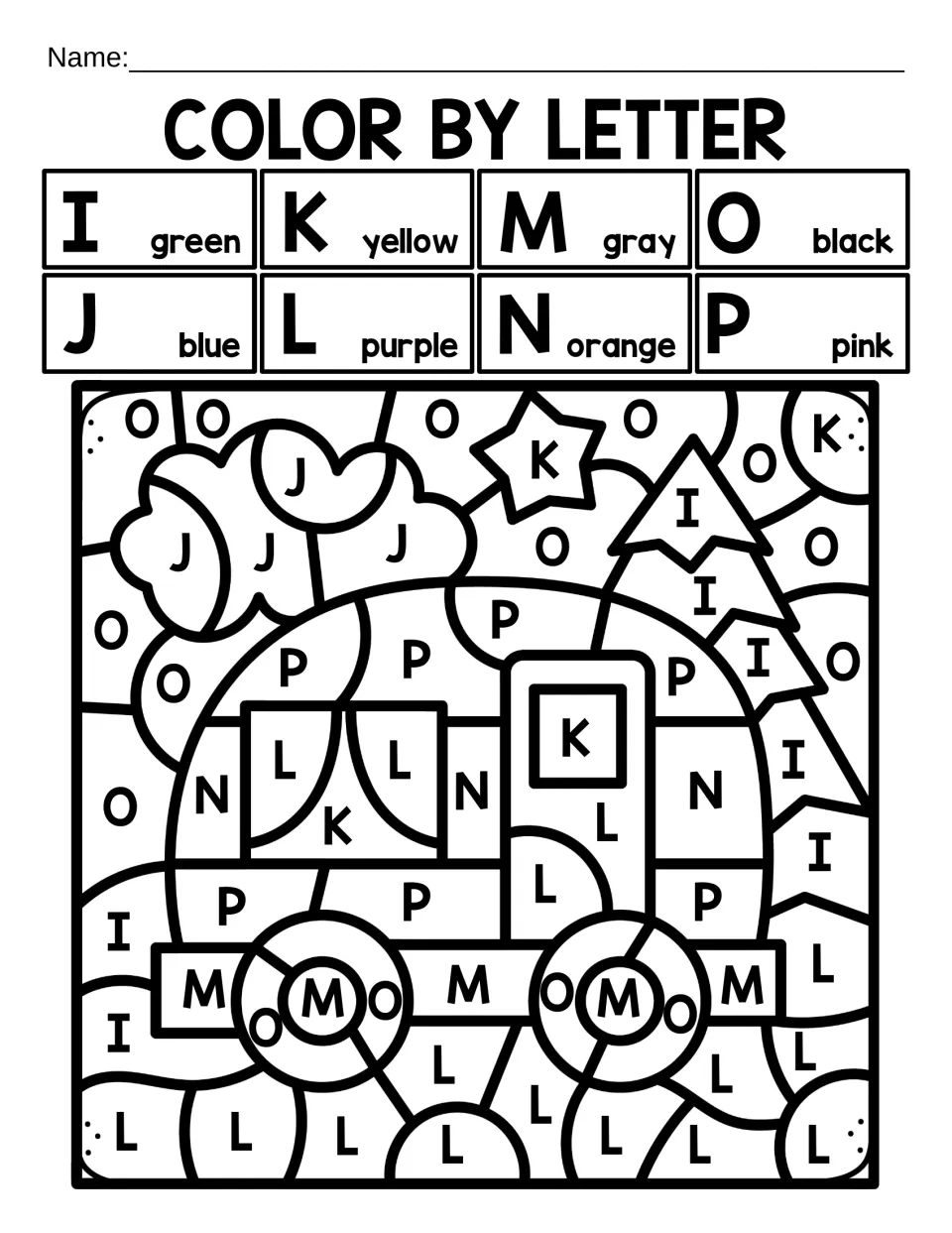 Color by letter I to P: students find capital letters I to P and color by the key to reveal a camper, tree and star