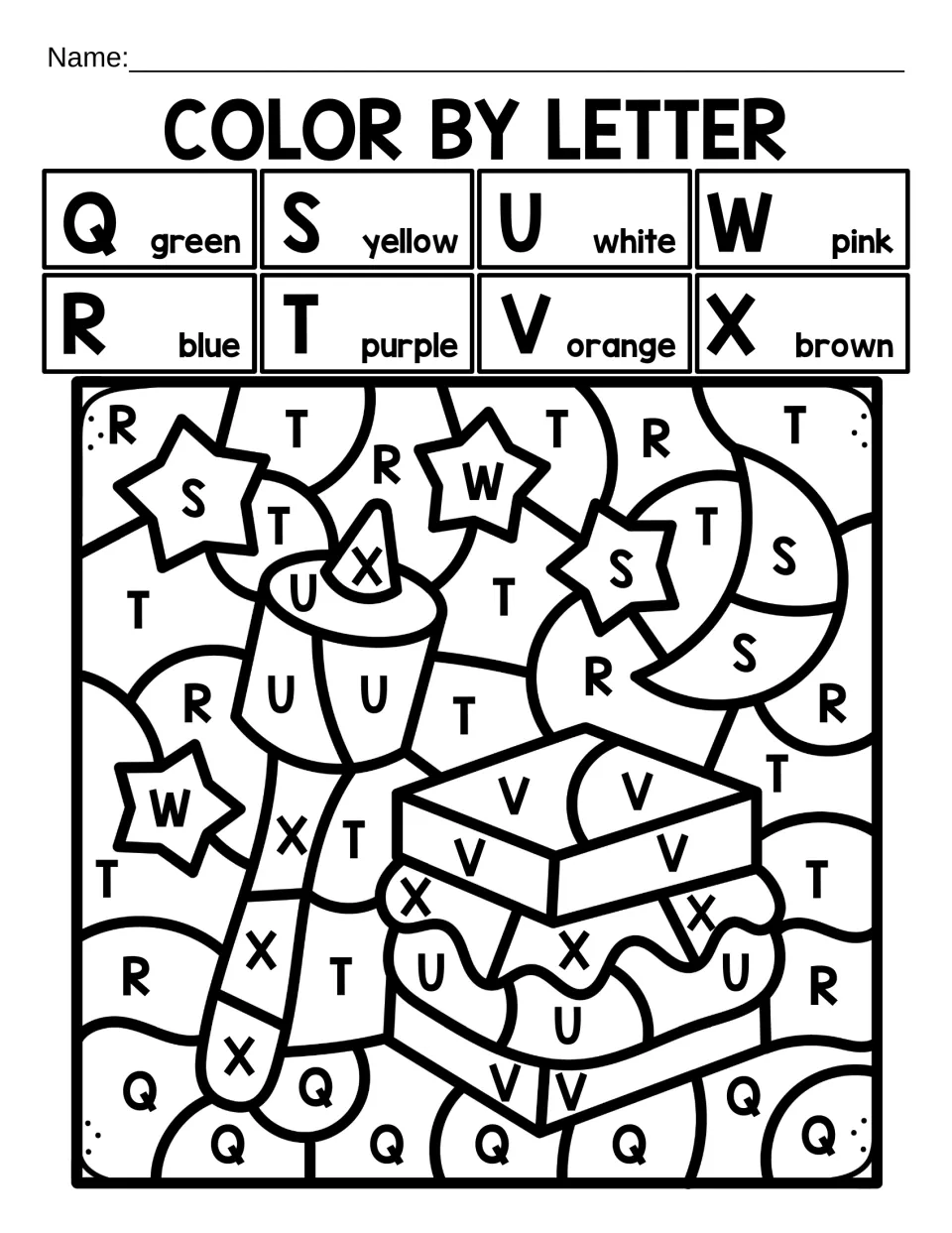 Color by letter Q to X: students color spaces by capital letter to reveal a s'more, a marshmallow stick, moon and stars