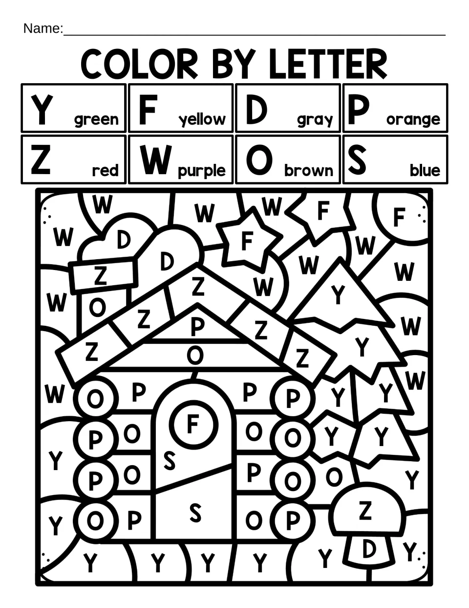 Color by letter Y, Z and review letters: students color by the key to reveal a log cabin, pine tree and mushroom