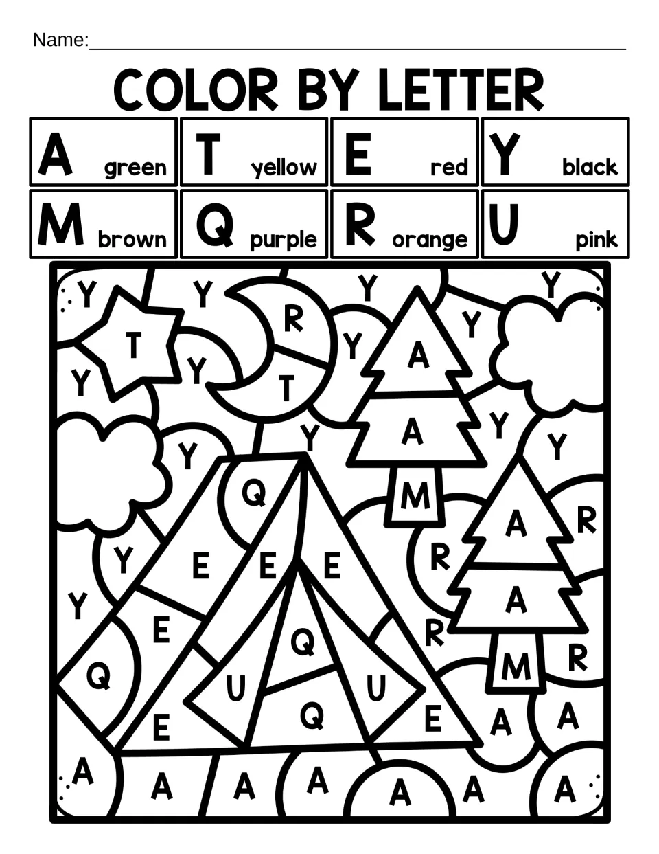 Color by letter mixed review of A, T, E, Y, M, Q, R and U: students color a tent beside pine trees under a moon and star