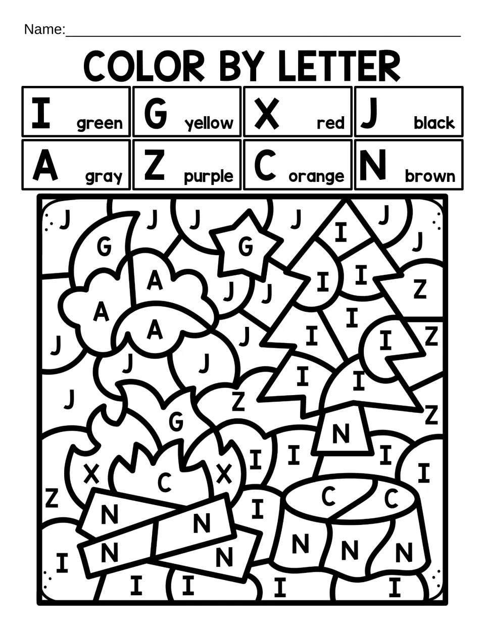Color by letter review of I, G, X, J, A, Z, C and N: students color a campfire, tree stump and pine tree