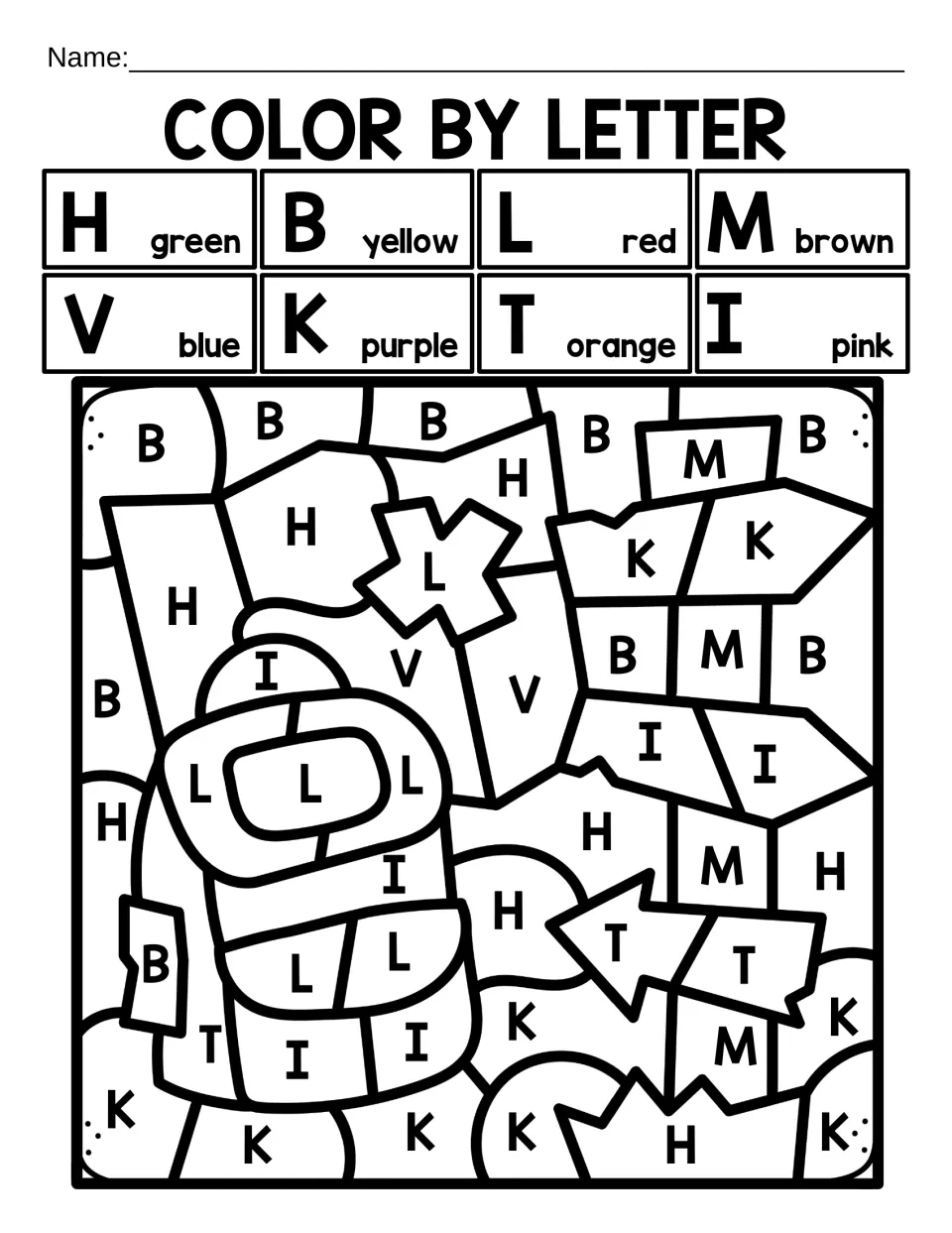 Color by letter review of H, B, L, M, V, K, T and I: students color a hiking backpack and an arrow signpost scene