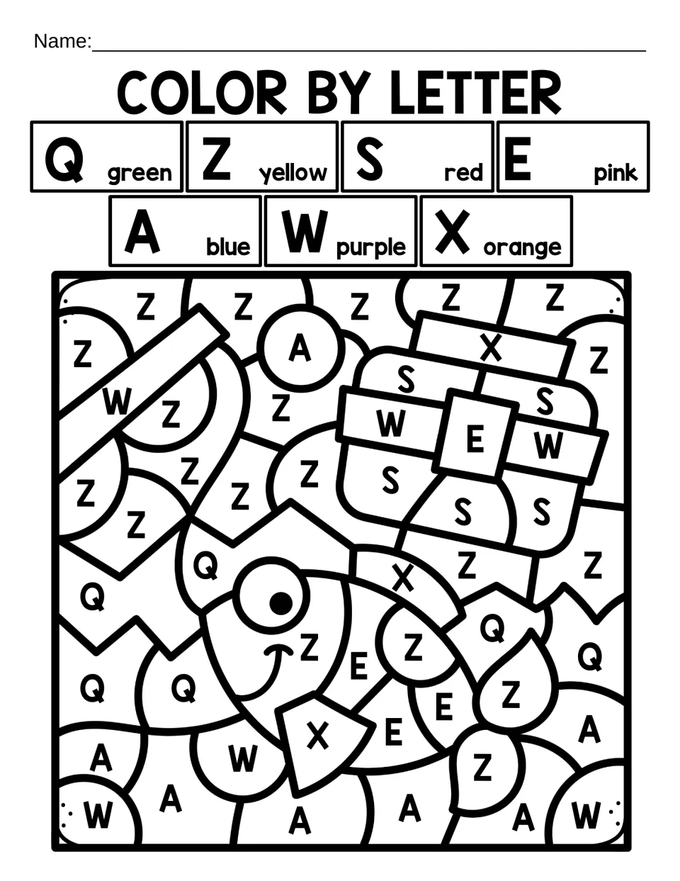 Color by letter review of Q, Z, S, E, A, W and X: students color a smiling fish and fishing gear by the capital letter key