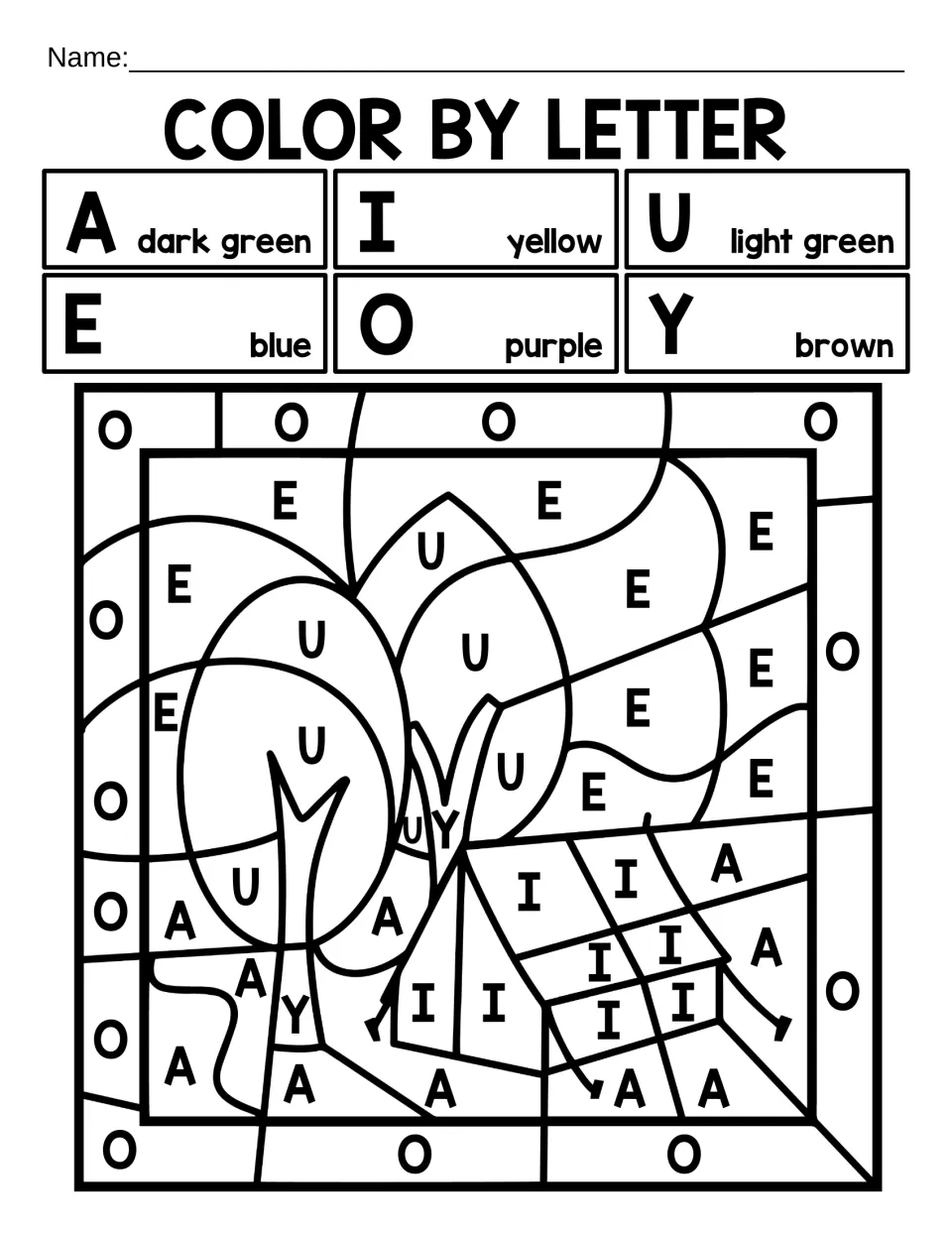 Color by letter A, E, I, O, U and Y: students color by the key to reveal two trees and a tent in a camping scene
