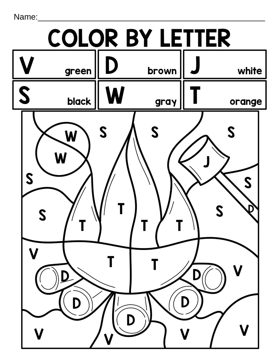 Color by letter review of V, D, J, S, W and T: students color a campfire with logs and a marshmallow on a stick
