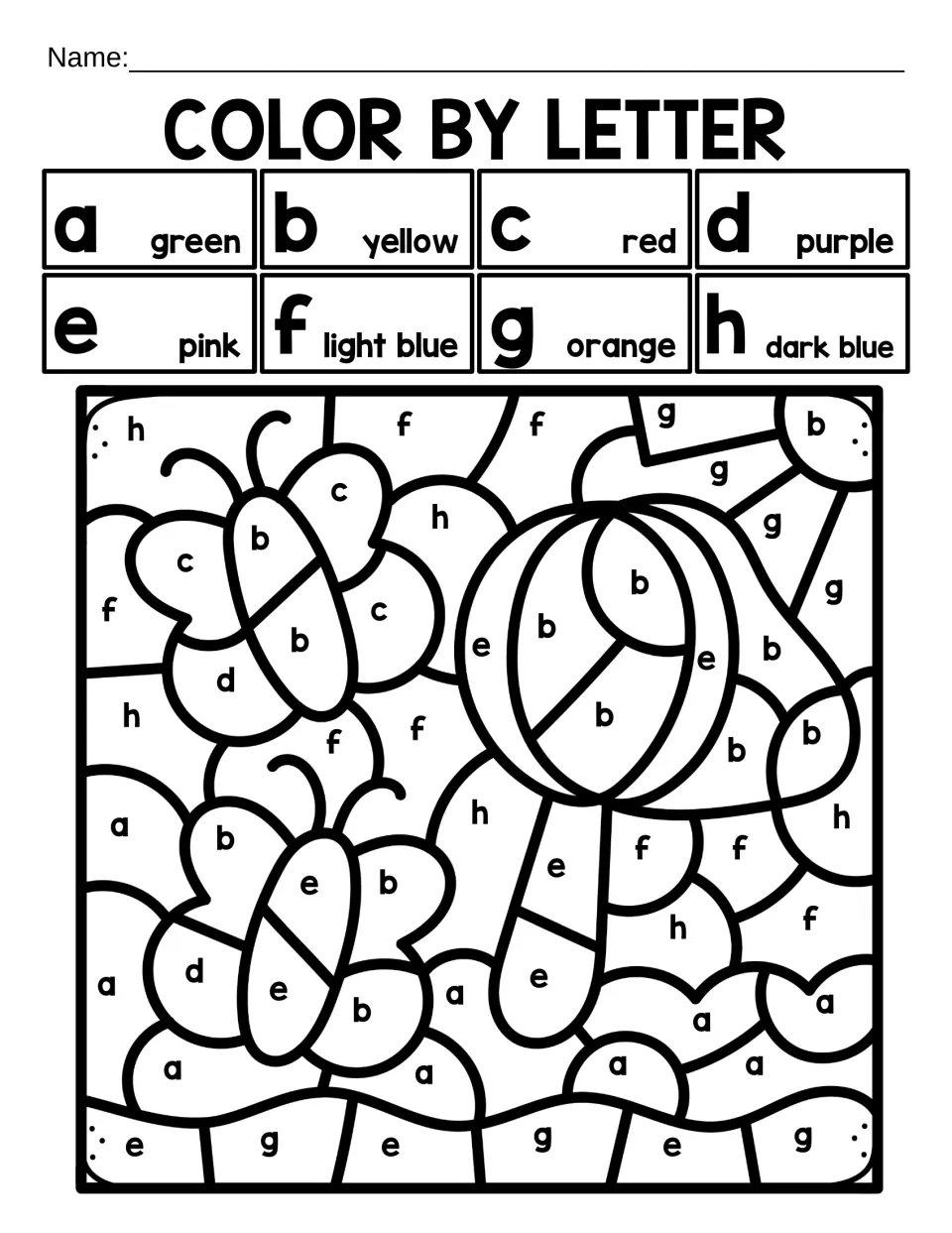 Color by letter, a to h: students match lowercase a through h to colors to reveal butterflies and a beach ball